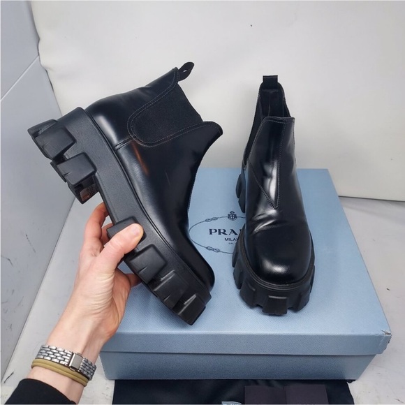 PRADA Monolith Leather Black Lug Platform Chelsea Boot size 39 - Picture 5 of 10